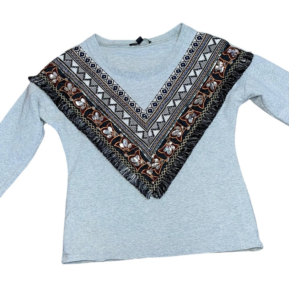 Boston Proper Size XS Women's Embroidered Sequin Fringe Sweatshirt Western Boho